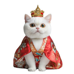 Royal Feline: A regal cat, adorned with a golden crown and ornate attire, sits with an air of majestic poise. The image is a playful blend of elegance and charm.