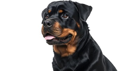 Fototapeta premium Rottweiler Dog Portrait: A stunning close-up of a majestic rottweiler, showcasing its glossy black coat and distinctive tan markings on a white background.