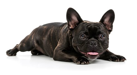 Fototapeta premium Sweet faced Bulldog lounges while panting, its black and brown brindle coat gleaming against the plain white backdrop and floor.