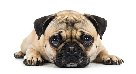 Fototapeta premium A cute fawn pug is lying down, looking at the camera with big, expressive eyes. The dog's face is full of wrinkles and a black mask.