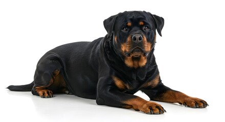 Fototapeta premium Portrait of a relaxed dog, showing its striking coat and expressive face as it rests calmly in a studio setting.