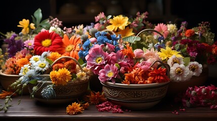 Vibrant Floral Arrangement in Rustic Bowls