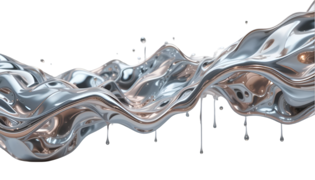 Lifelike liquid metal morphing in mid-air, molten and reflective, transparent.
