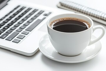 A cup of coffee on a desk with laptop and notepad