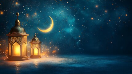 Two illuminated lanterns on a surface with a crescent moon