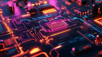 Obraz premium Neon Circuit Board Close-up