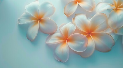 Plumeria Flowers Blossom on Cyan Backdrop with Soft Lighting and Delicate Texture