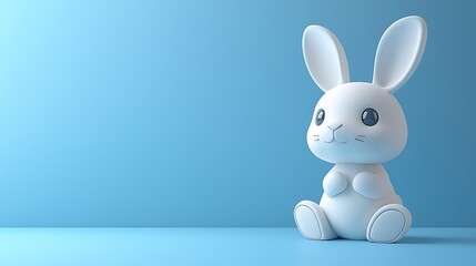 Cute White Rabbit Figurine on Blue Background