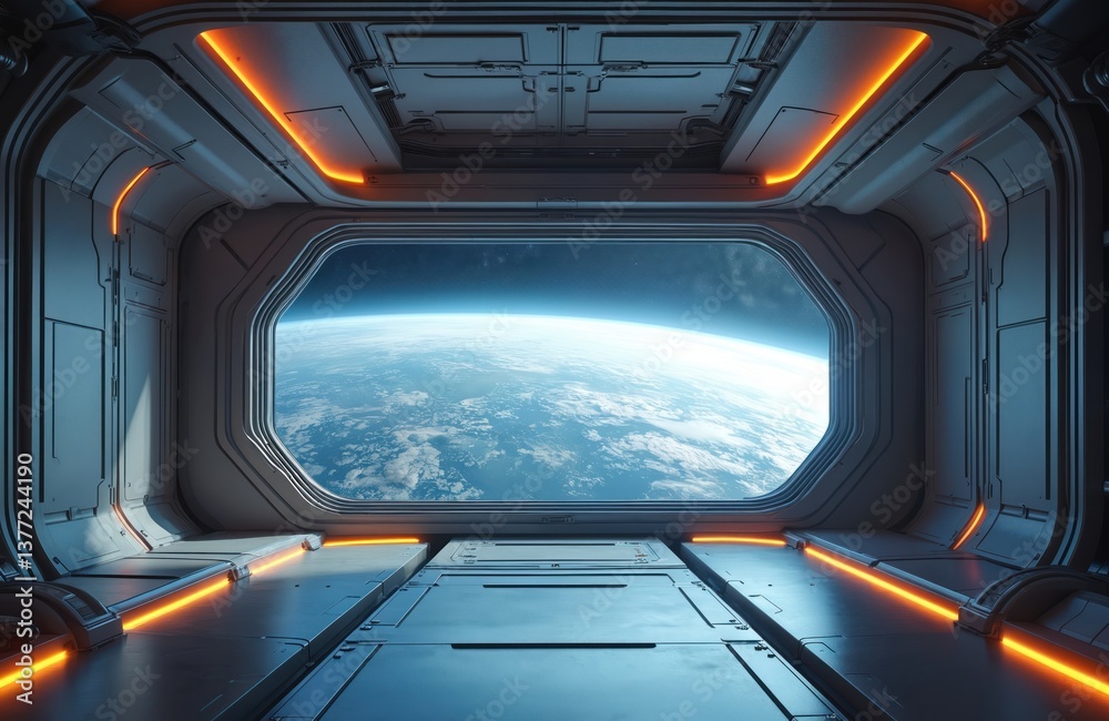 Poster futuristic space station interior with large window view of earth. alien spaceship futuristic tech, 