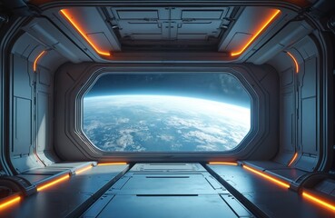 Futuristic space station interior with large window view of Earth. Alien spaceship futuristic tech, explore deep space travel to planet from orbital station. Astronomy concept.