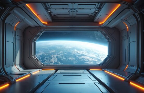 Futuristic space station interior with large window view of Earth. Alien spaceship futuristic tech, explore deep space travel to planet from orbital station. Astronomy concept.