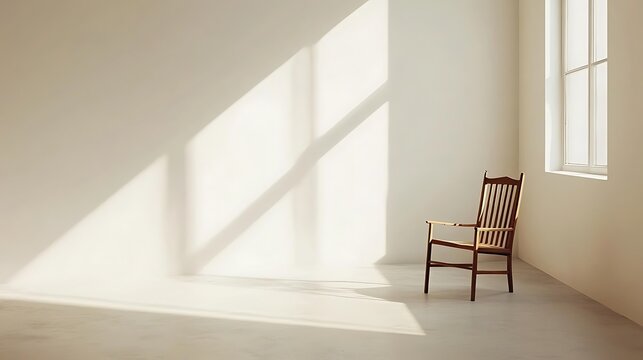 A wooden chair positioned in a naturally lit minimalist room
