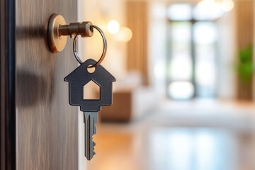 Home key in door, new home, new beginning