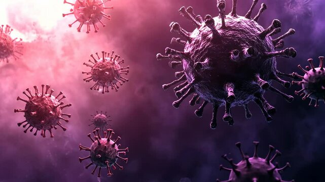 Visual representation of virus particles in a conceptual illustration of viral transmission and infection process