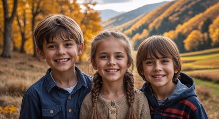 Fototapeta premium Happy young kids in scenic valley with golden autumn trees background portrait photo 