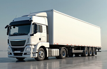 Modern white truck for cargo transportation. Heavy-duty commercial vehicle on road. Logistics, distribution, freight, delivery service concept. Efficient, powerful, advanced technology. Trucking