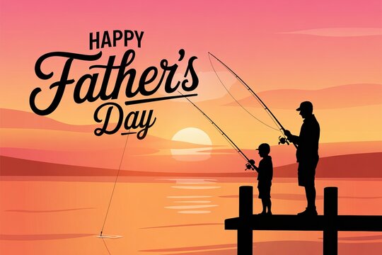 Father and son fishing at sunset, celebrating Father's Day on a scenic lake pier.