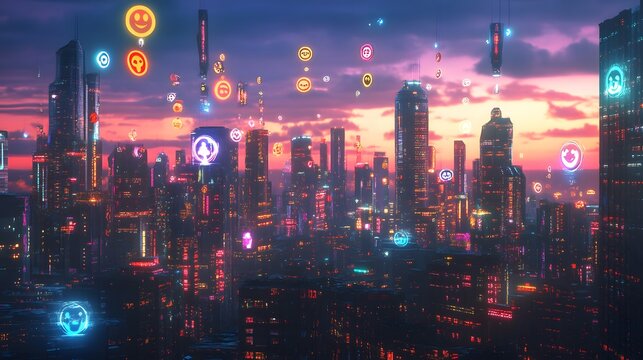 Neon city skyline, digital emojis floating - Powered by Adobe
