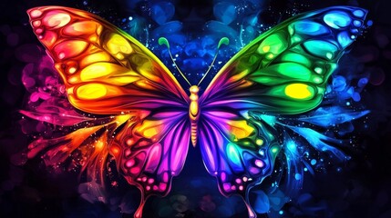 A vibrant rainbow butterfly symbolizing ADHD against a dark backdrop.