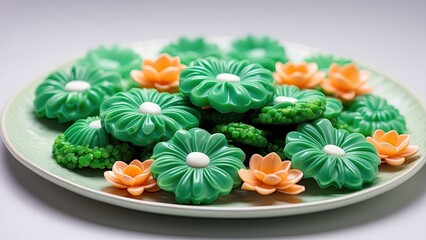 a close up of a plate of green cookies with a white background,