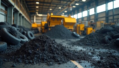 Industrial tire recycling facility with equipment. Old tires being shredded processed into new material. Scene emphasizes transformation, recycling process. Environmentally friendly eco-tech concept.