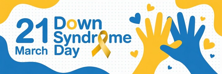 Colorful design for World Down Syndrome Day, featuring blue and yellow hands and hearts.