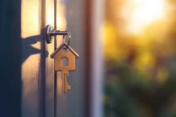 Key to a new home.  A key with a house charm hanging from a door lock. Sunlight streams through