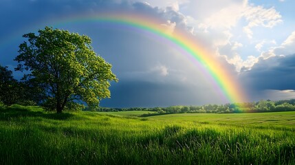 Fototapeta premium Rainbow over grassy field with lone tree
