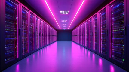 Fototapeta premium Futuristic Data Center with Neon Lights and Server Racks in a High-Tech Environment