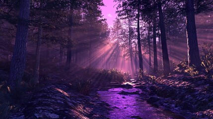 Enchanted forest trail with ethereal sunbeams piercing the purple twilight