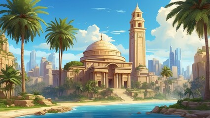 Naklejka premium A vibrant, stylized landscape depicting a city skyline at sunset,