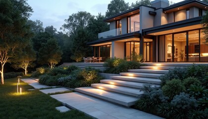 Modern house exterior with outdoor lighting. Luxury residential property with landscaped garden. Night twilight, dusk view. Pathway steps, deck with pool lights. Real estate, home, structure design.