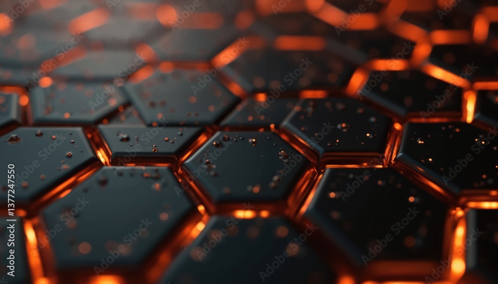 Poster abstract black hexagons with orange lights, modern tech background. honeycomb pattern, futuristic de