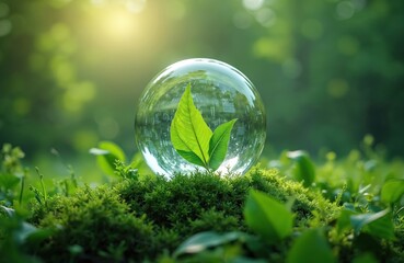 Eco-friendly business, climate change solutions. Green leaves inside glass sphere on forest moss. Nature protection, sustainable development, carbon footprint reduction, global warming concept.