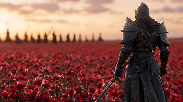 Fototapeta Dark Knight in Red Poppy Field at Sunset
