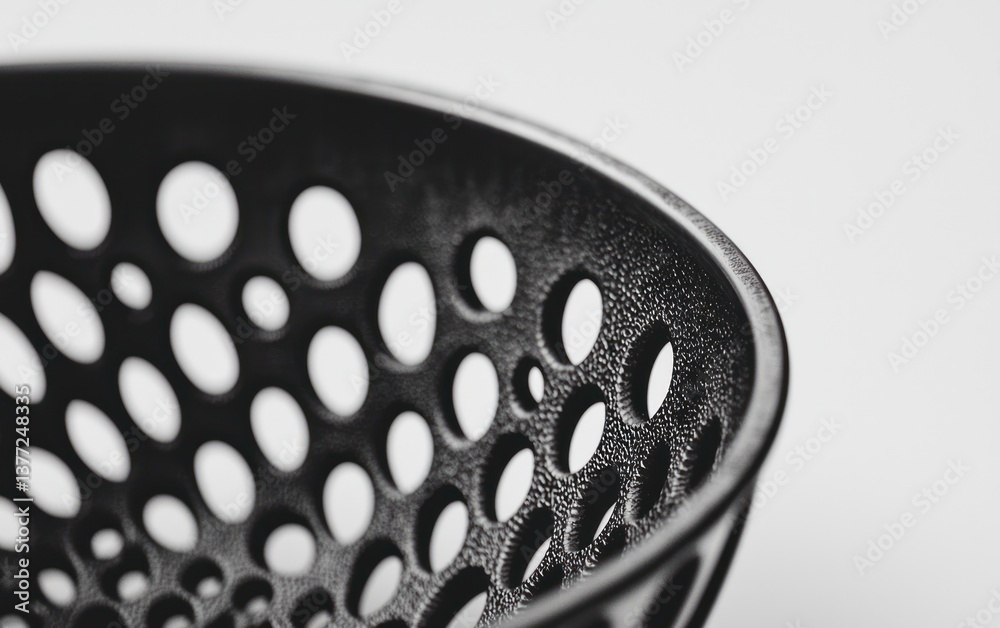 Poster close-up of a black perforated bowl with a textured surface. the image is in monochrome, highlightin