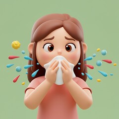 Sick Girl Character Blowing Nose, Expelling Germs