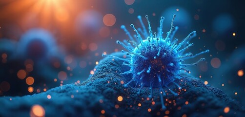 Fototapeta premium Close-up, vibrant image of cell with blue background. Microscopic view details cell structure nucleus, membrane, proteins, DNA, RNA, chromosomes. Scientific, medical illustration research, laboratory.