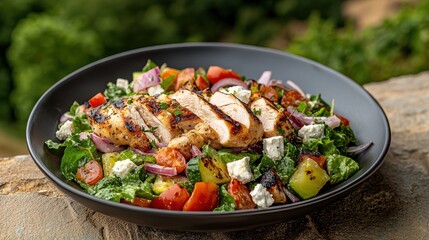 Elegant Black Bowl Filled with Delicious Colorful Food Arrangement