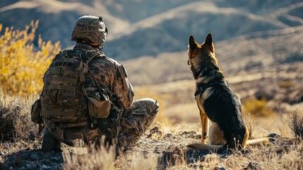 A soldier and a military dog working together in a military training exercise.