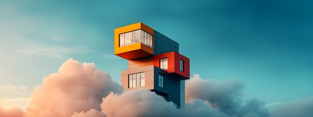 A bold futuristic apartment tower with a striking geometric facade of metal and glass seemingly defying gravity against a dramatic cloud filled sky