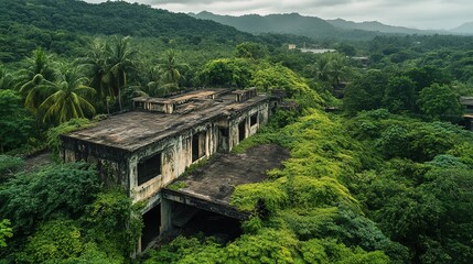 A ruined summer resort reclaimed by the jungle.