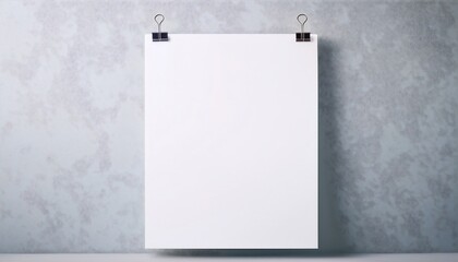 Blank white poster mock-up with metal clips on light gray wall. Empty canvas sheet template