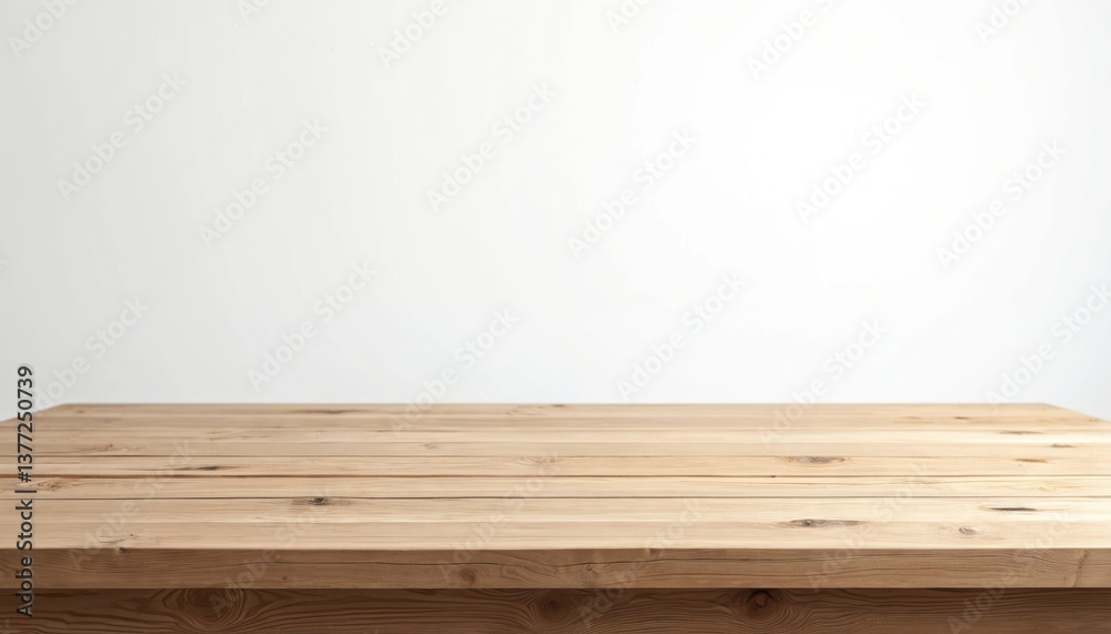 Poster Empty wooden table on white backdrop. Rustic wood grain surface is isolated on clean studio background. Versatile design for product display, presentation, mockup, food photo.
