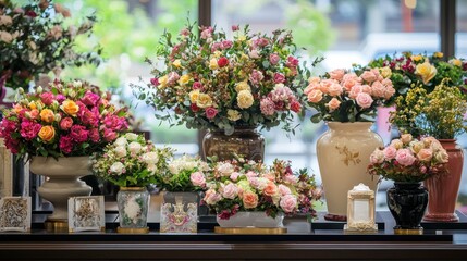 A display of funeral merchandise, including floral arrangements and memorial items.