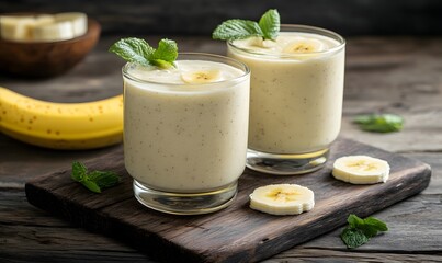 banana smoothie served in a glass with fresh bananas, Generative AI