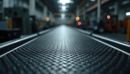 Close-up carbon fiber texture on industrial conveyor belt. Modern technology, composite material. Dark background in factory setting. Durable material for automotive industry, aerospace applications.
