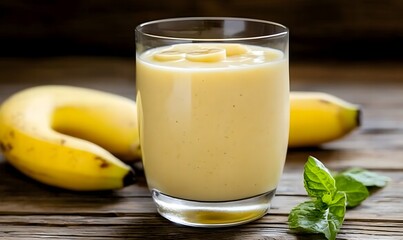 banana smoothie served in a glass with fresh bananas, Generative AI
