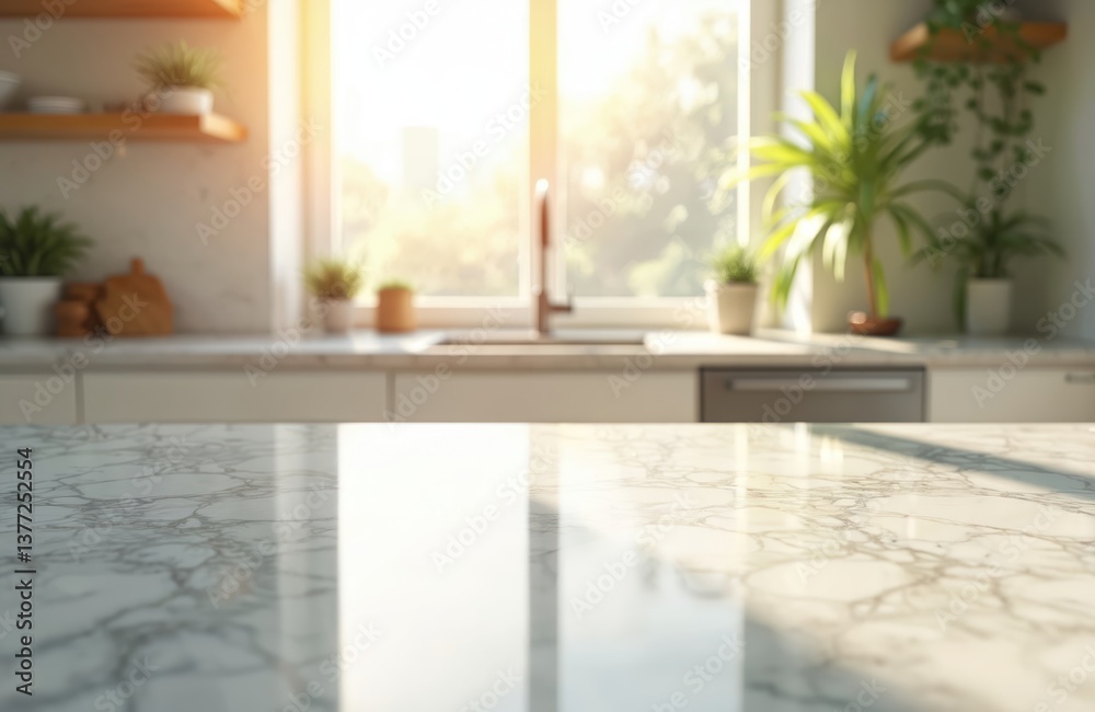 Poster empty marble countertop kitchen with sunlight streaming through window. modern home interior design 