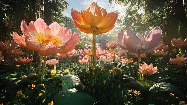 A surreal dreamlike summer garden with giant blooming flowers.v